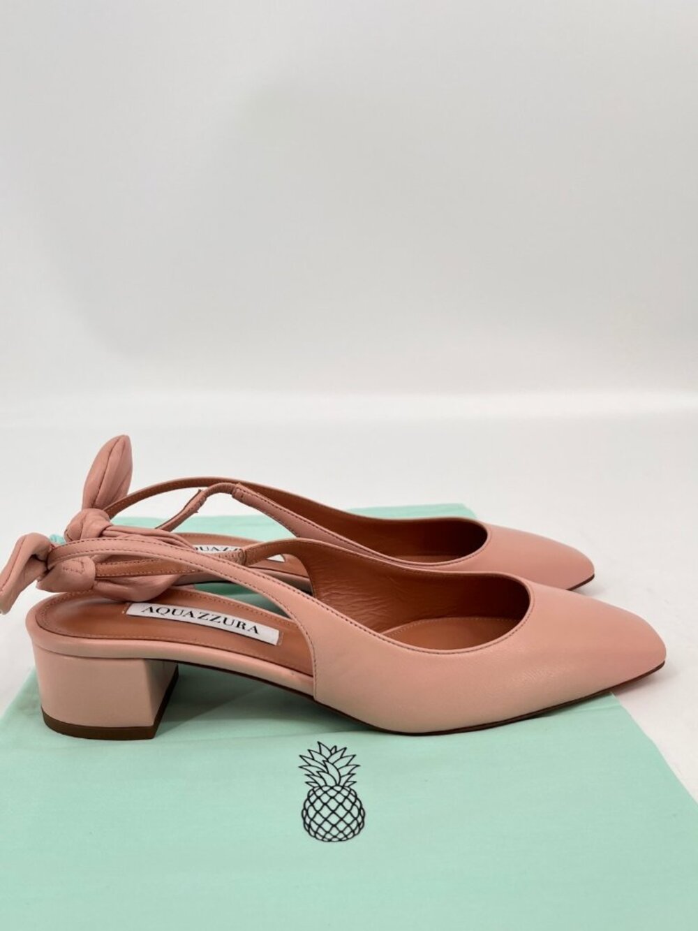Aquazzura Very Bow Tie Sling Heels Pink Size 37.5 Leather Slip On Block Heel SB - Picture 11 of 14